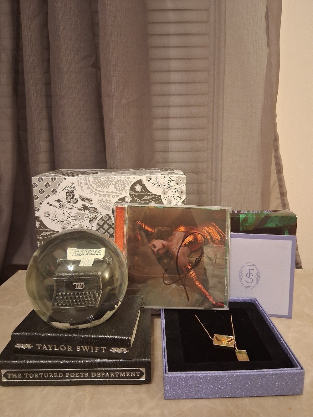 Taylor Swift Merch Bundle - TTPD Snowglobe, TLOAS Signed Cd, and Necklace